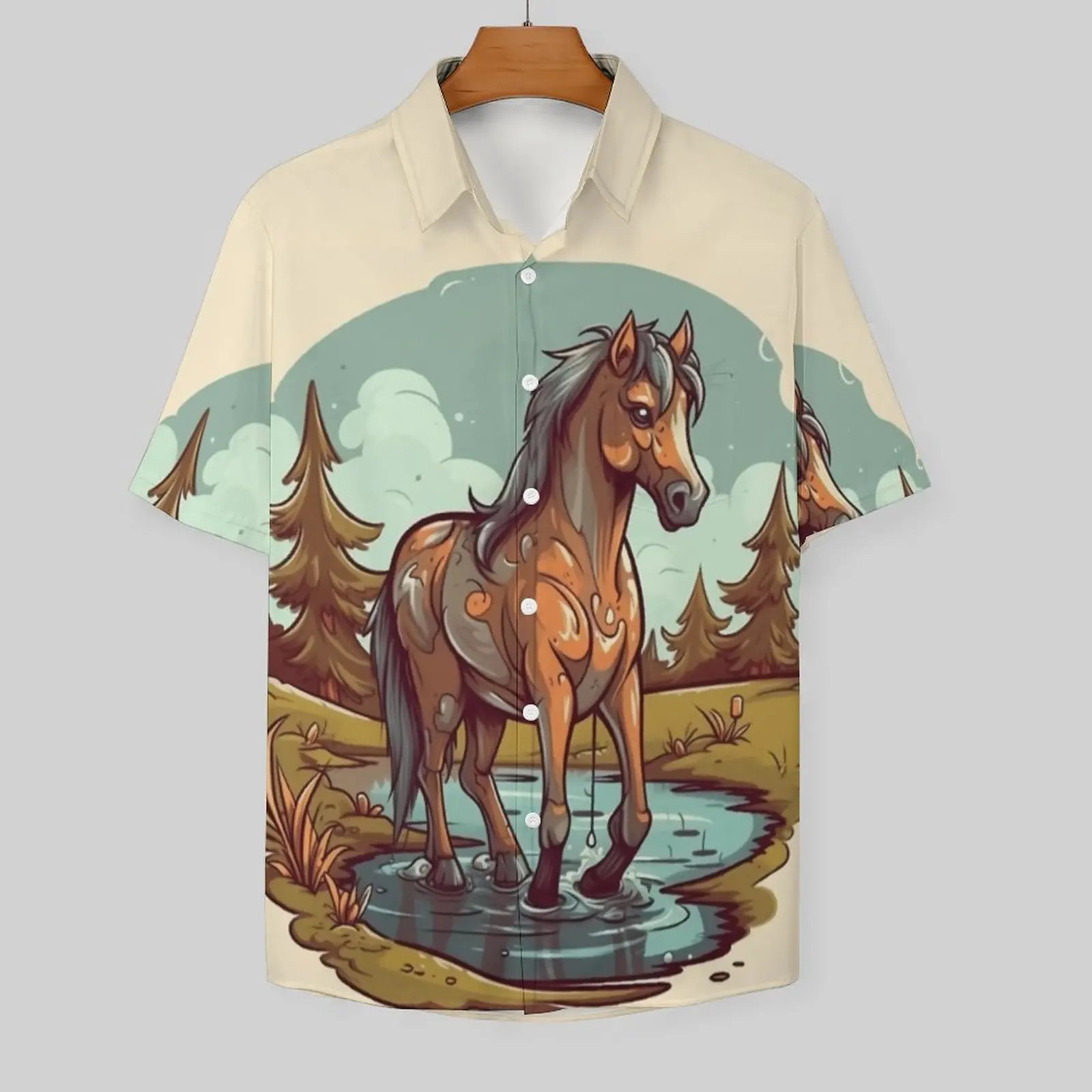 Рубашка для отдыха с лошадьми, Гавайи в стиле мультяшной природы, повседневные рубашки, мужские ретро-блузки, графическая одежда с коротким рукавом, плюс размер 4XL 1