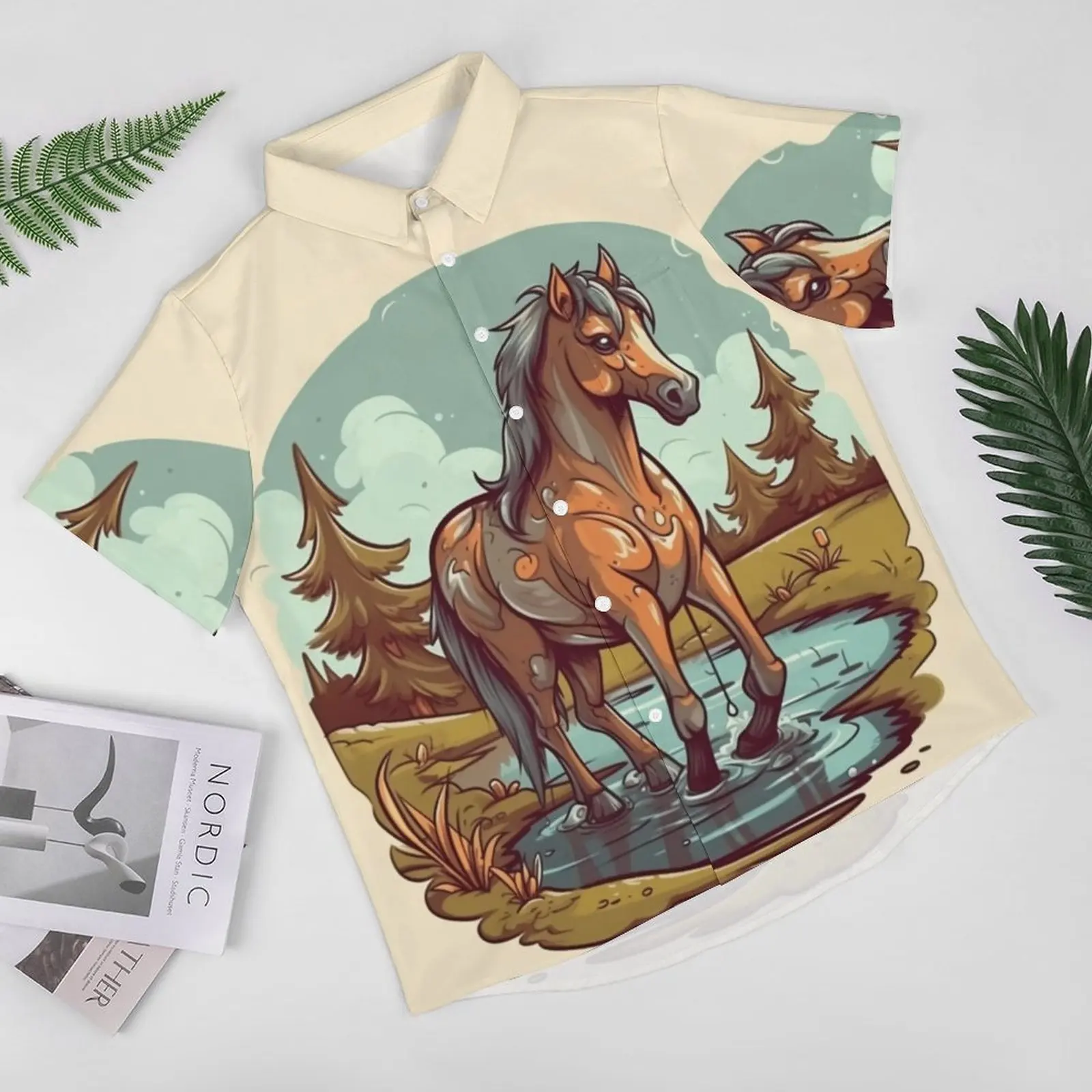 Рубашка для отдыха с лошадьми, Гавайи в стиле мультяшной природы, повседневные рубашки, мужские ретро-блузки, графическая одежда с коротким рукавом, плюс размер 4XL 2