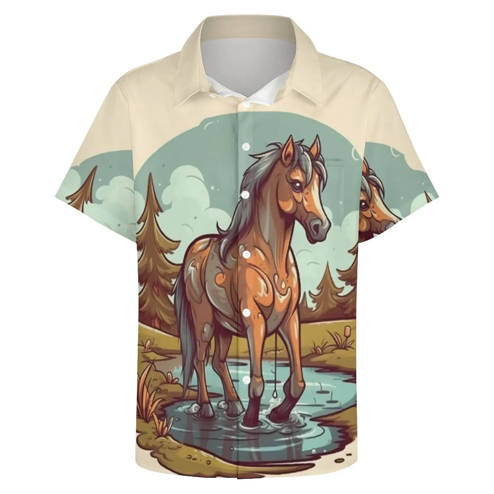 Рубашка для отдыха с лошадьми, Гавайи в стиле мультяшной природы, повседневные рубашки, мужские ретро-блузки, графическая одежда с коротким рукавом, плюс размер 4XL 3