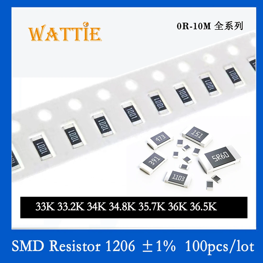 SMD резистор 1206 1% 33K 33.2K 34K 34.8K 35.7K 36K 36.5K 100 шт./лот микросхемные резисторы 1/4 Вт 3.2 мм*1.6 мм 0