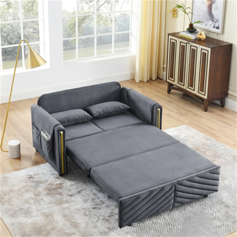 Раскладной диван-кровать 3 в 1, 55-дюймовый Раскладной диван для Гостиной, Многофункциональная кровать-Футон из Серого Бархата Loveseat 0