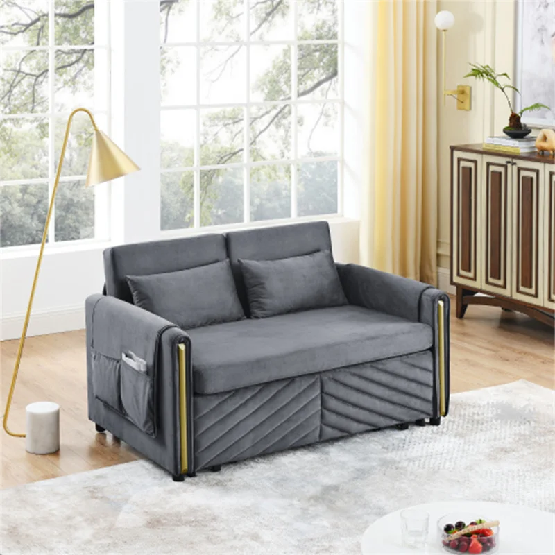 Раскладной диван-кровать 3 в 1, 55-дюймовый Раскладной диван для Гостиной, Многофункциональная кровать-Футон из Серого Бархата Loveseat 1
