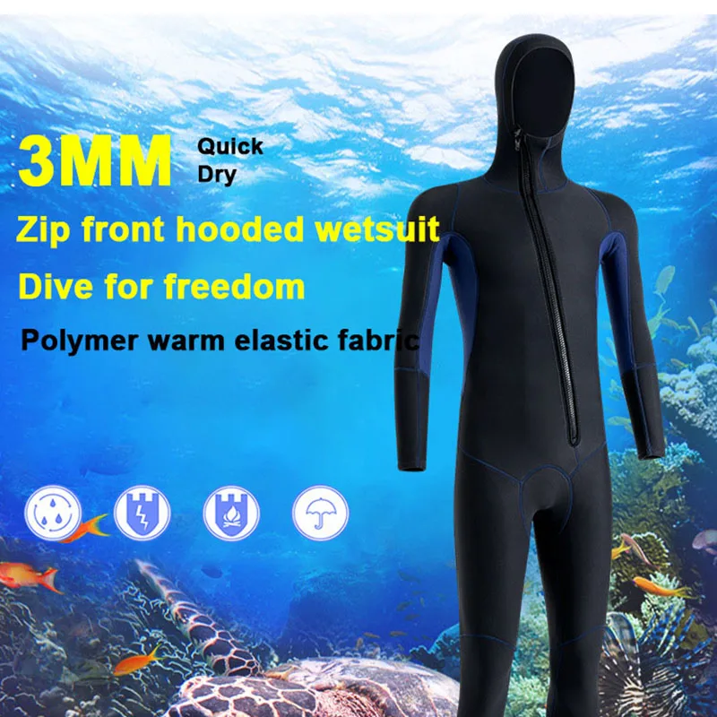 Неопреновый гидрокостюм с длинным рукавом и капюшоном, погружающийся в воду, толщиной 3 мм, сохраняющий тепло, Водонепроницаемый гидрокостюм на молнии, полный гидрокостюм 3
