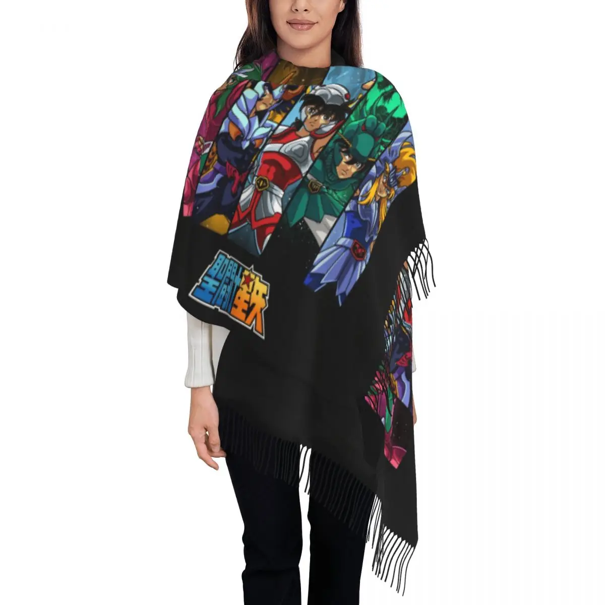 Женские большие шарфы Knights Of The Zodiac, Женская зимняя толстая теплая шаль с кисточками, шарф из аниме-манги Saint Seiya 0