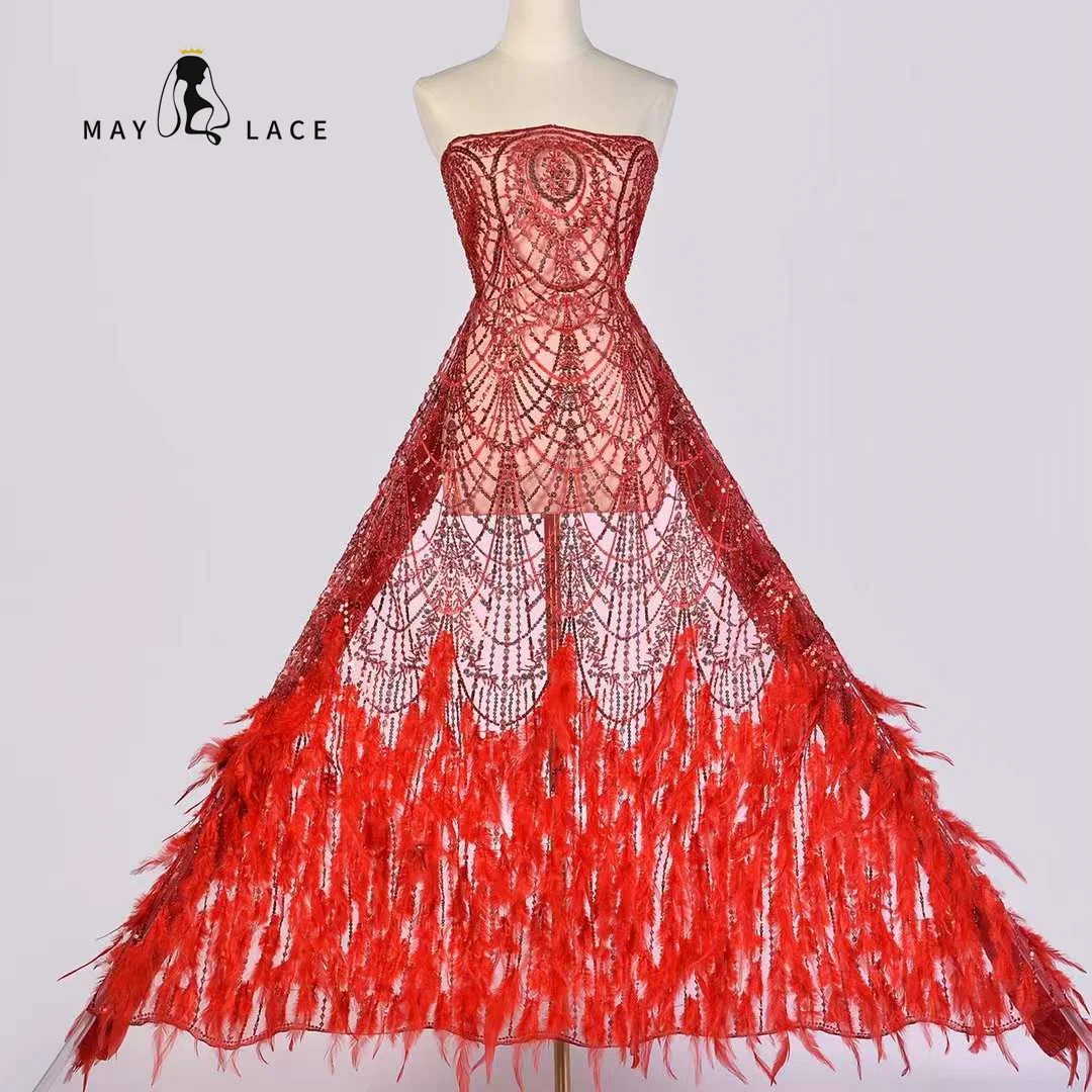 Майское кружево, новейшая Африканская кружевная ткань из перьев, вышивка пайетками, Нигерийские тюлевые кружева для жениха, для свадебной вечеринки, Длинные платья 4