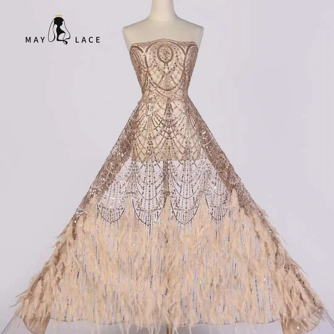 Майское кружево, новейшая Африканская кружевная ткань из перьев, вышивка пайетками, Нигерийские тюлевые кружева для жениха, для свадебной вечеринки, Длинные платья 5