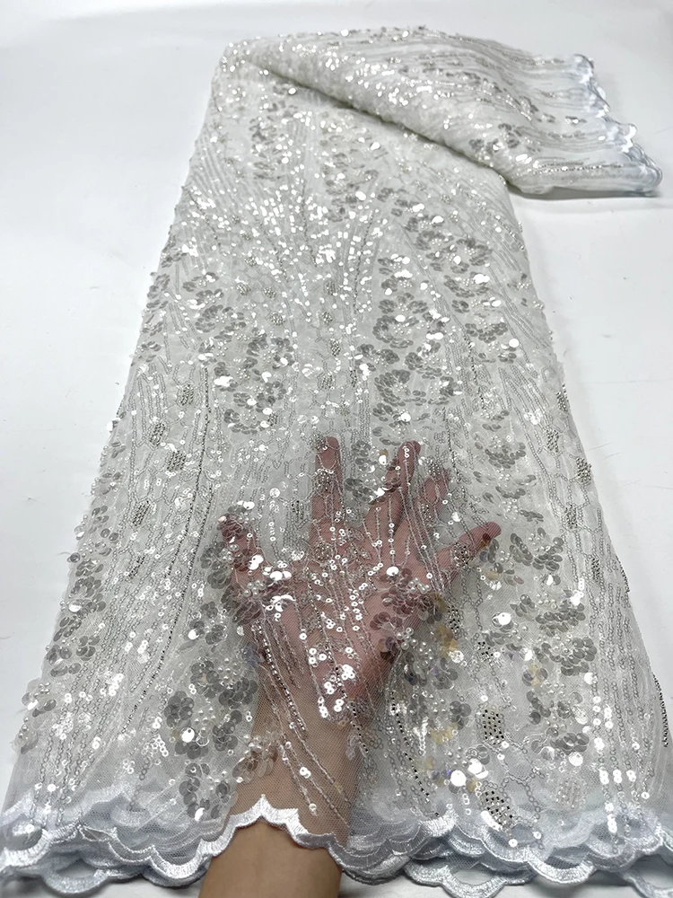 Модный Французский сетчатый материал Вышивка крупными блестками кружевная ткань Африканский Нигерийский тюль кружевная ткань для свадебного платья 5 ярдов 0