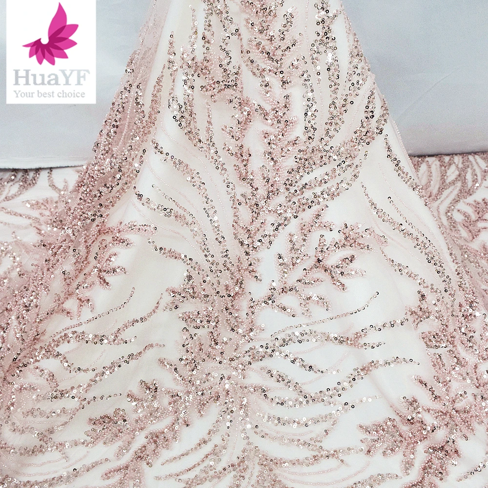 Большое количество розового тюля с блестками, свадебное платье, кружевная ткань, Женский Африканский Французский тюль с бисером, 5 ярдов HY2184 0