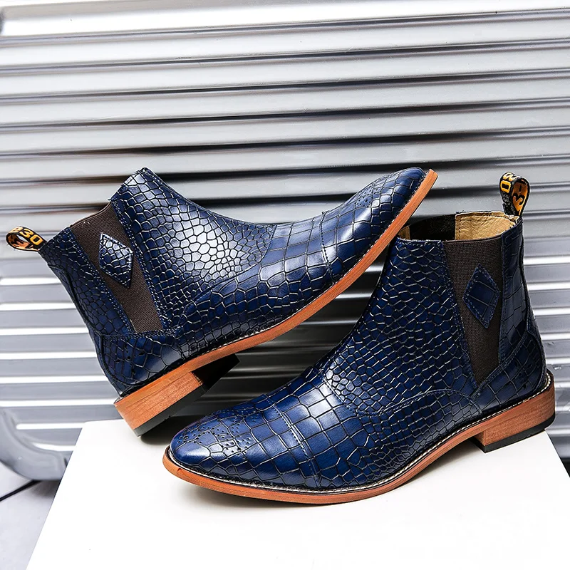 Роскошные Классические мужские кожаные ботинки Челси с высоким берцем Банкетные модельные туфли Формальные Короткие Синие 1