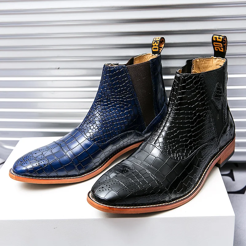 Роскошные Классические мужские кожаные ботинки Челси с высоким берцем Банкетные модельные туфли Формальные Короткие Синие 4