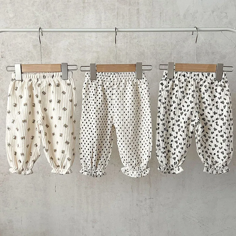 Вельветовые брюки для новорожденных девочек и мальчиков с высокой талией, весенне-осенние Мягкие хлопковые брюки с цветочным принтом для малышей, детская одежда 0