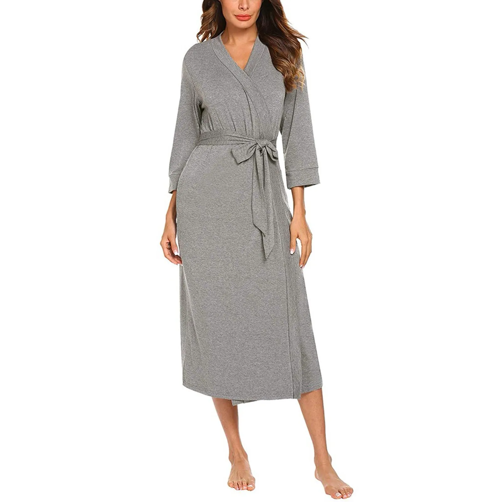 Женское повседневное длинное кимоно Три четверти Халат с V-образным вырезом, легкая мягкая одежда для сна, пояс для отдыха, осенняя ночная одежда 2