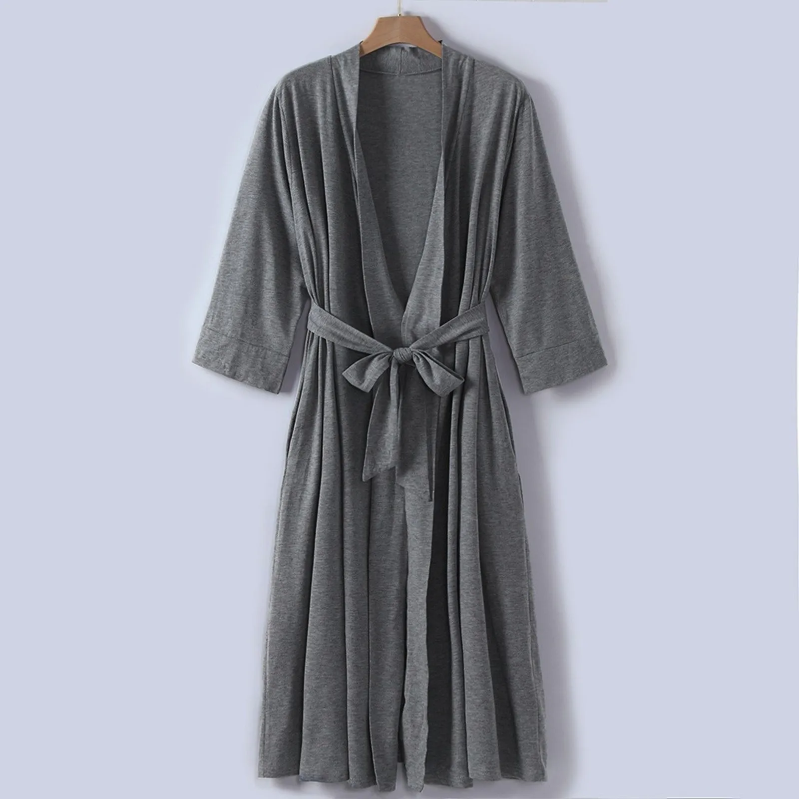 Женское повседневное длинное кимоно Три четверти Халат с V-образным вырезом, легкая мягкая одежда для сна, пояс для отдыха, осенняя ночная одежда 4