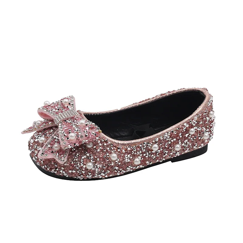 Весна Осень Кожаные туфли для девочек Принцесса Со стразами и бантом Дизайнерская обувь для подиума Детская Модная Свадебная обувь G06143 5