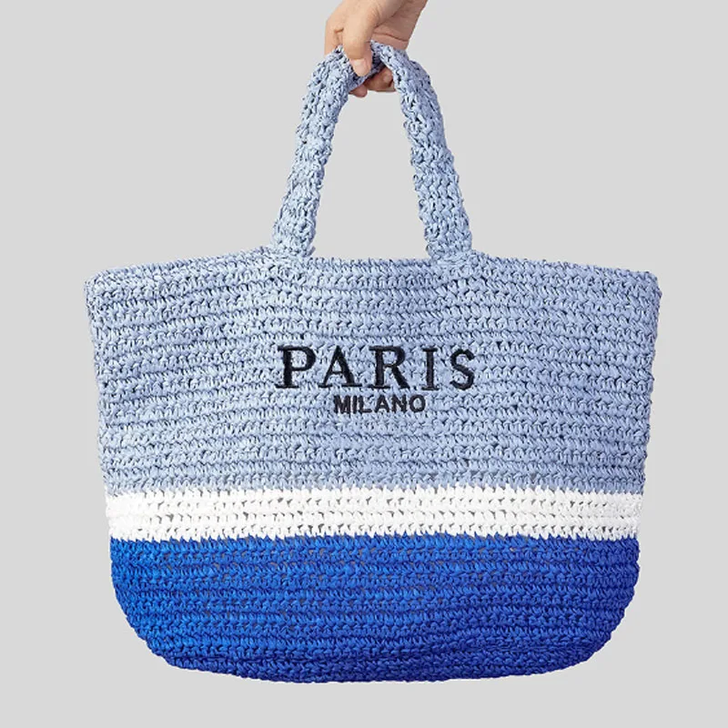 Плетеная соломенная сумка большой емкости, модная синяя сумка-тоут, соломенная женская сумка через плечо 2
