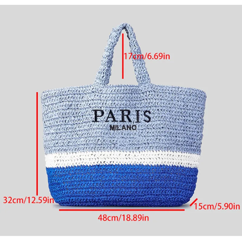 Плетеная соломенная сумка большой емкости, модная синяя сумка-тоут, соломенная женская сумка через плечо 3