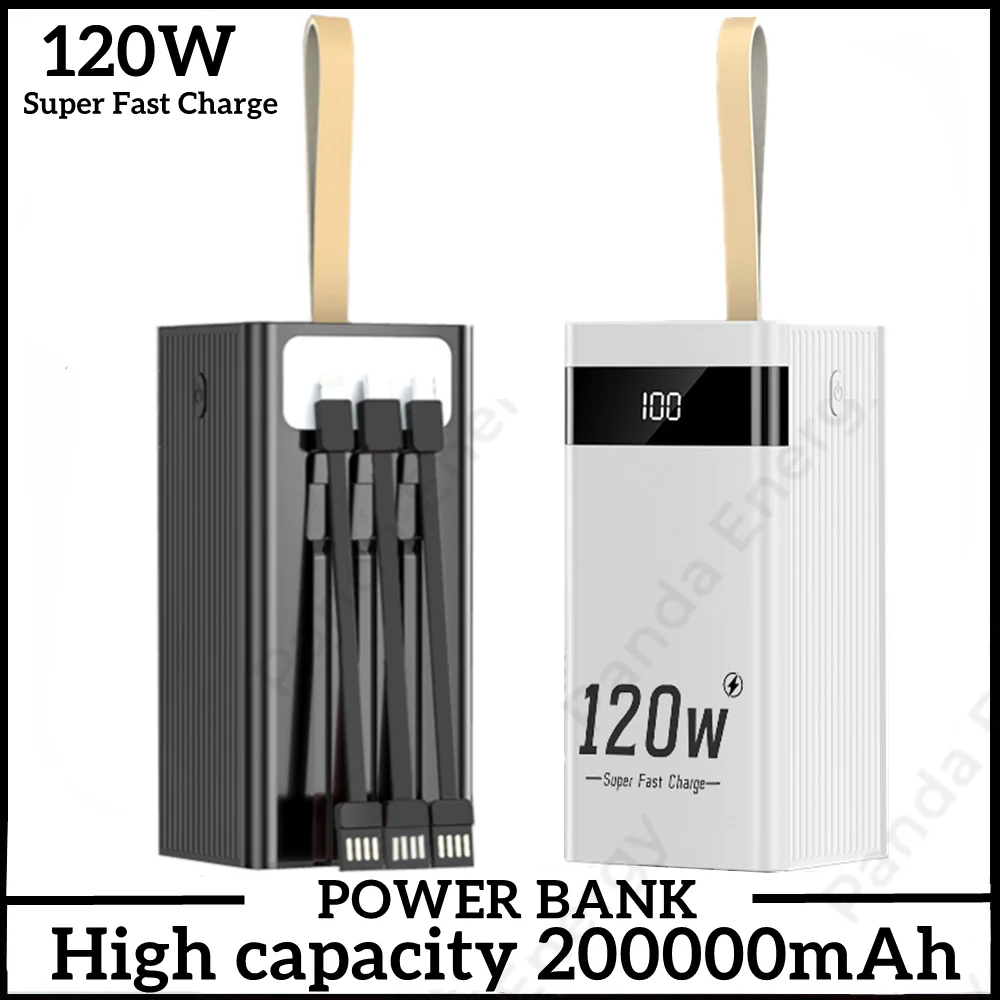 Портативное зарядное устройство мощностью 120 Вт 200000 мАч, светодиод с фонариком, цифровой дисплей, внешний аккумулятор Powerbank емкостью 200000 мАч для iPhone Xiaomi 0