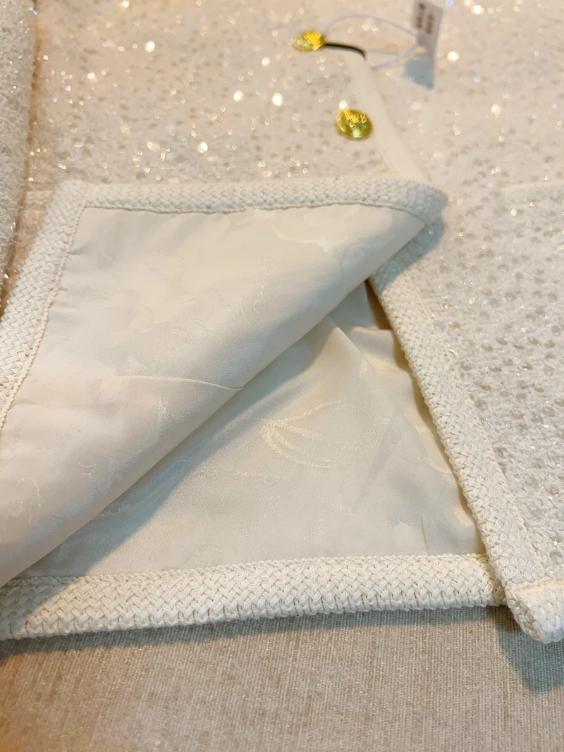 Роскошный дизайнерский короткий твидовый жакет Jaqueta Feminina с белыми блестками, элегантный женский жакет с круглым вырезом, пальто из высококачественной шерсти и смесовых материалов 5