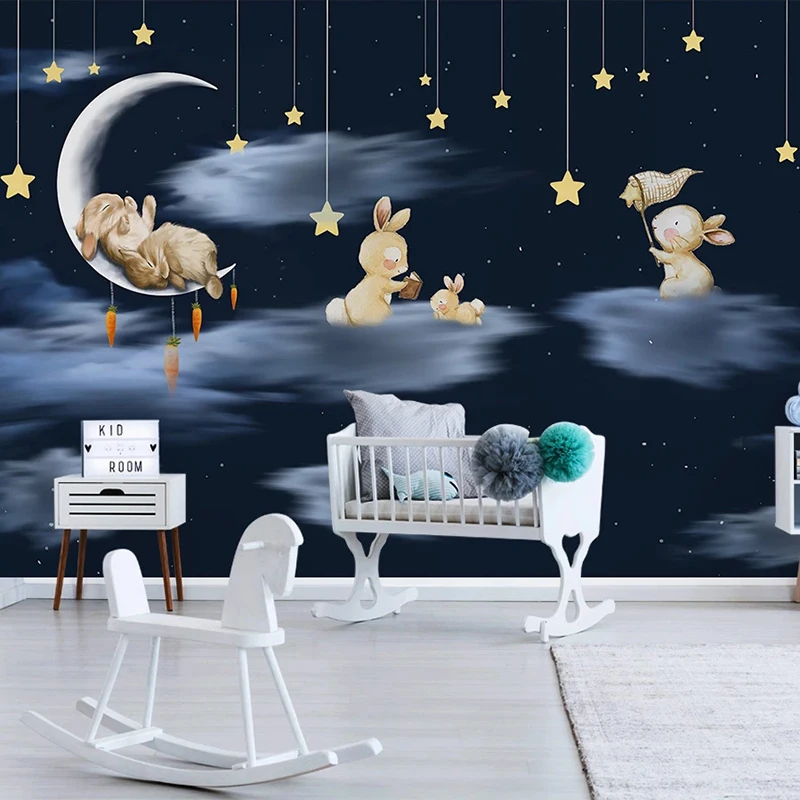 Изготовленная на заказ фреска в Средиземноморском стиле Мультяшный Кролик Луна Звезда Ночное Небо Детская комната Украшение спальни мальчика Обои для детей Искусство 1