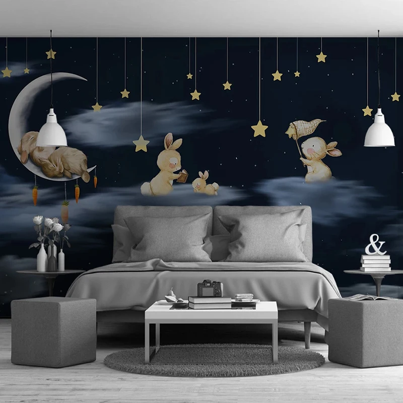 Изготовленная на заказ фреска в Средиземноморском стиле Мультяшный Кролик Луна Звезда Ночное Небо Детская комната Украшение спальни мальчика Обои для детей Искусство 2