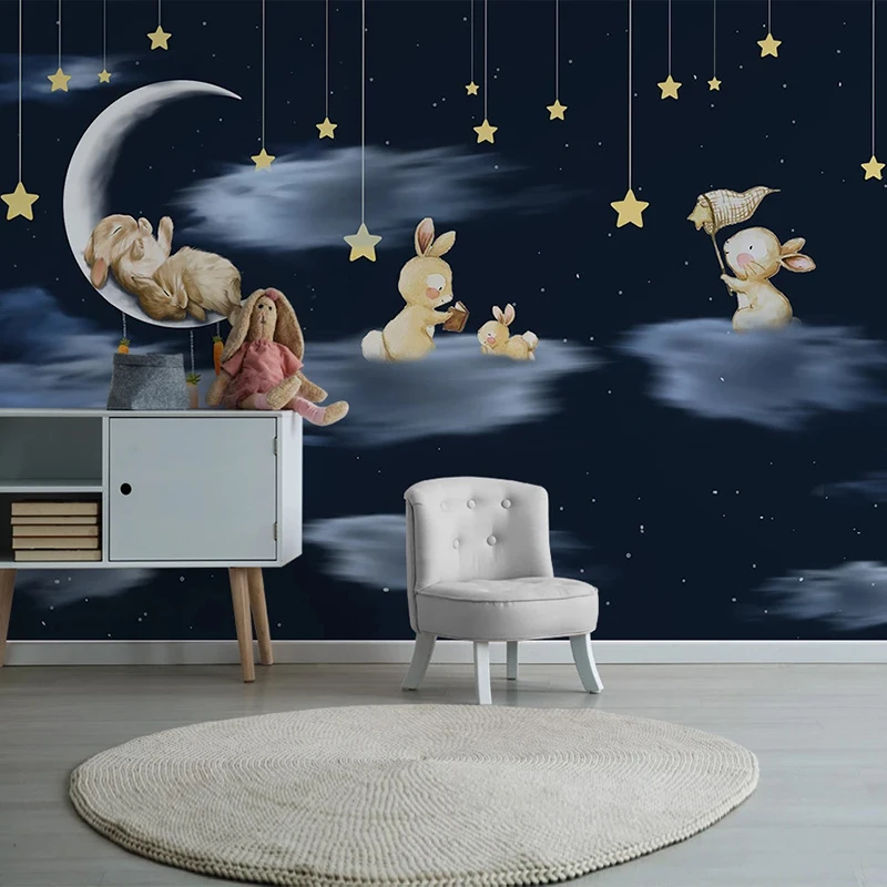 Изготовленная на заказ фреска в Средиземноморском стиле Мультяшный Кролик Луна Звезда Ночное Небо Детская комната Украшение спальни мальчика Обои для детей Искусство 3