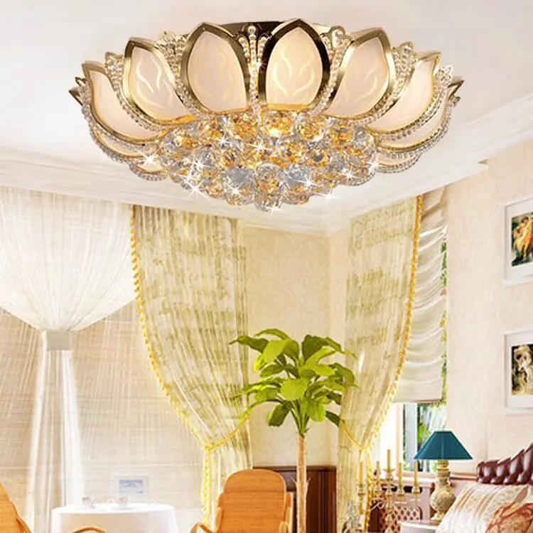 Потолочный светильник с кристаллами золотого лотоса в европейском стиле, круглая атмосферная лампа для гостиной, светодиодное подвесное освещение для спальни. 1