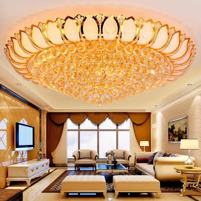 Потолочный светильник с кристаллами золотого лотоса в европейском стиле, круглая атмосферная лампа для гостиной, светодиодное подвесное освещение для спальни. 2