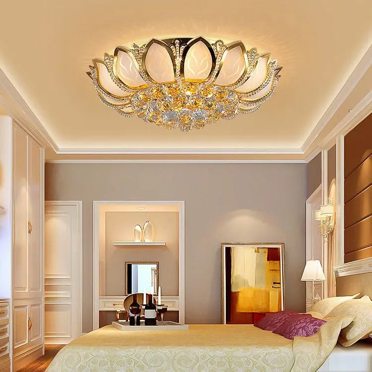 Потолочный светильник с кристаллами золотого лотоса в европейском стиле, круглая атмосферная лампа для гостиной, светодиодное подвесное освещение для спальни. 3
