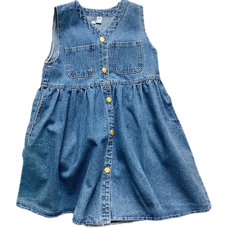 Платье для девочек 2023, летний новый джинсовый сарафан на подтяжках, хлопковое платье-двойка без рукавов с V-образным вырезом 0