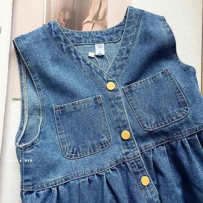 Платье для девочек 2023, летний новый джинсовый сарафан на подтяжках, хлопковое платье-двойка без рукавов с V-образным вырезом 4