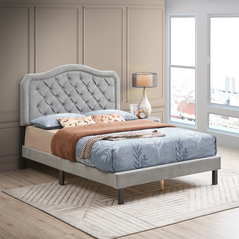 Двуспальная кровать с мягкой обивкой на Пуговицах и Изогнутым дизайном-Прочная Деревянная Планка Для поддержки Легкой Сборки Серый Бархат Для мебели Для спальни 0