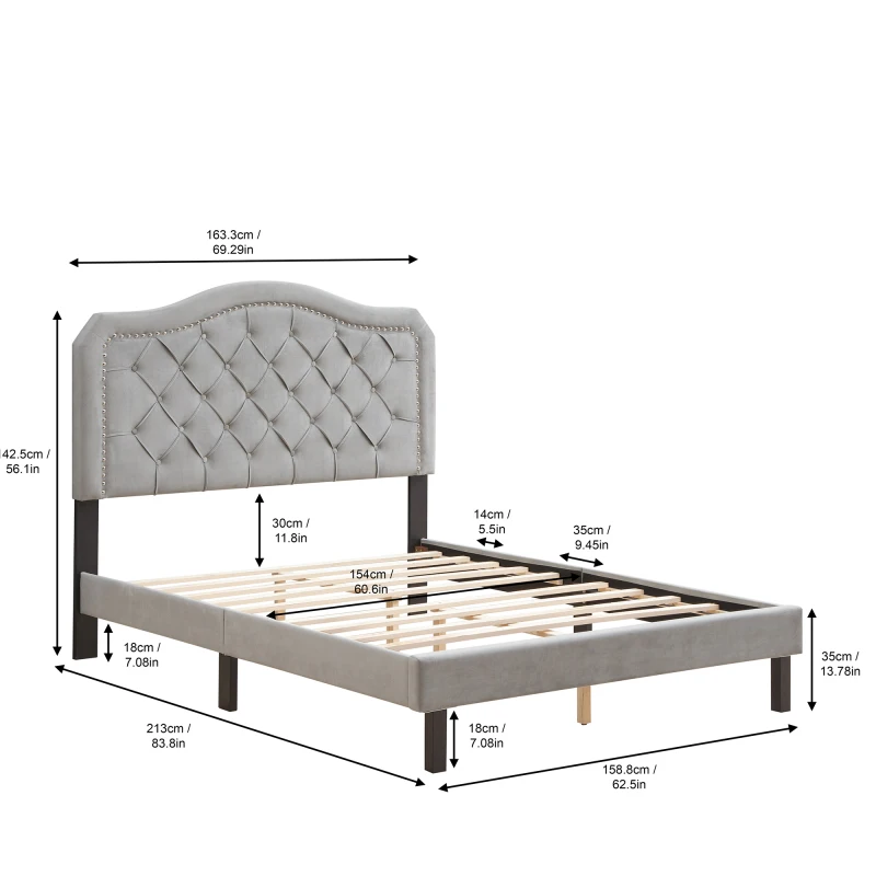 Двуспальная кровать с мягкой обивкой на Пуговицах и Изогнутым дизайном-Прочная Деревянная Планка Для поддержки Легкой Сборки Серый Бархат Для мебели Для спальни 5