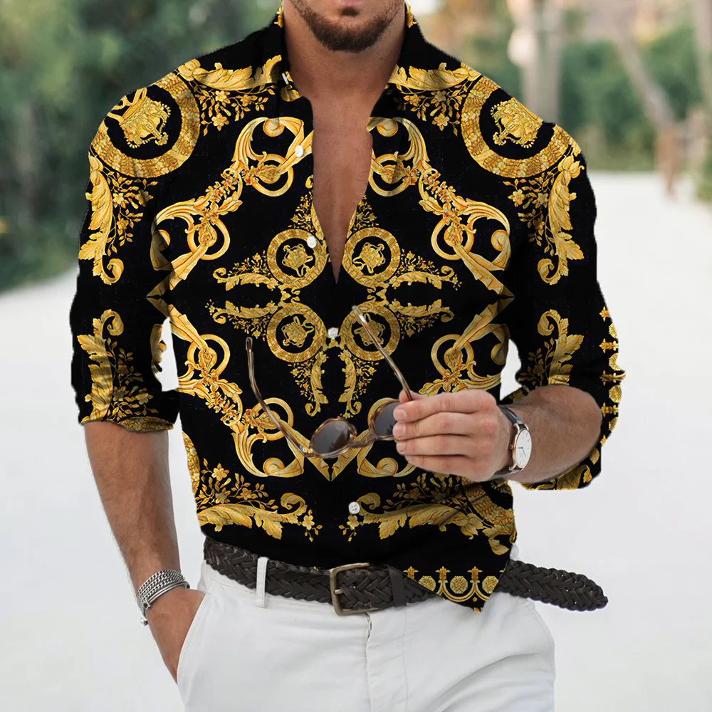 Роскошные Гавайские рубашки, Рубашки С Золотым Принтом, 3d Модная Мужская Рубашка С Длинным Рукавом, Летняя Пляжная Блузка, Мужская Одежда 0