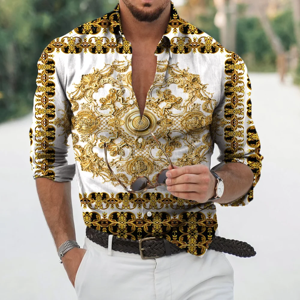 Роскошные Гавайские рубашки, Рубашки С Золотым Принтом, 3d Модная Мужская Рубашка С Длинным Рукавом, Летняя Пляжная Блузка, Мужская Одежда 2