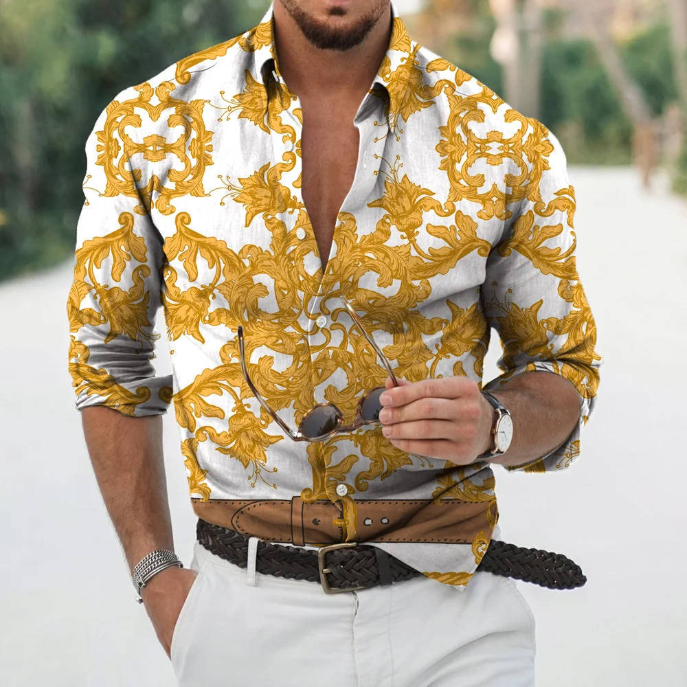 Роскошные Гавайские рубашки, Рубашки С Золотым Принтом, 3d Модная Мужская Рубашка С Длинным Рукавом, Летняя Пляжная Блузка, Мужская Одежда 5