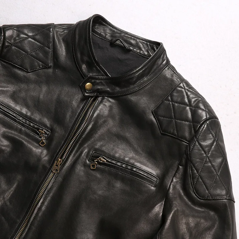 Мужская кожаная куртка из натуральной овчины, мотоциклетное пальто Amikaki в японском стиле в стиле ретро, верхняя одежда для мотобайкеров, винтажные топы 3