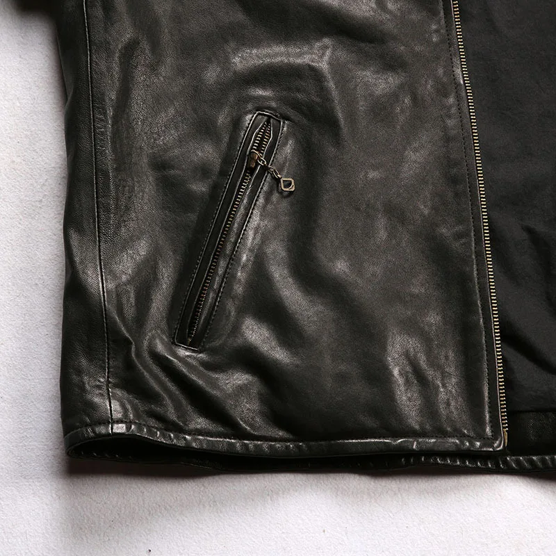 Мужская кожаная куртка из натуральной овчины, мотоциклетное пальто Amikaki в японском стиле в стиле ретро, верхняя одежда для мотобайкеров, винтажные топы 4