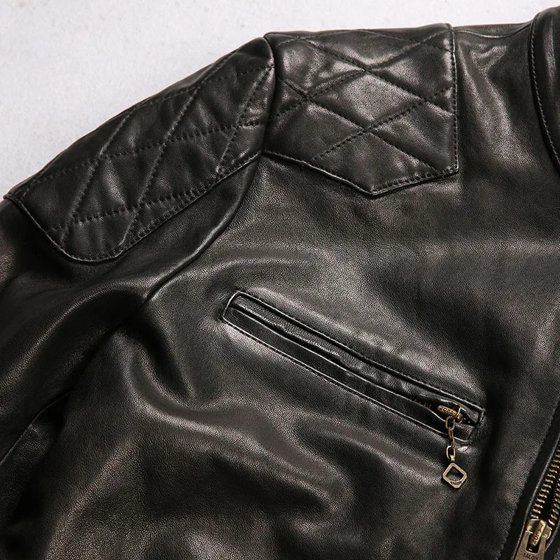 Мужская кожаная куртка из натуральной овчины, мотоциклетное пальто Amikaki в японском стиле в стиле ретро, верхняя одежда для мотобайкеров, винтажные топы 5
