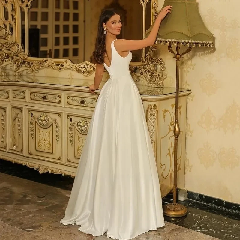 Элегантные свадебные платья трапециевидной формы, атласное свадебное платье без рукавов с двойным V-образным вырезом, белое в стиле бохо, сшитое по меркам потрясающего халата 1