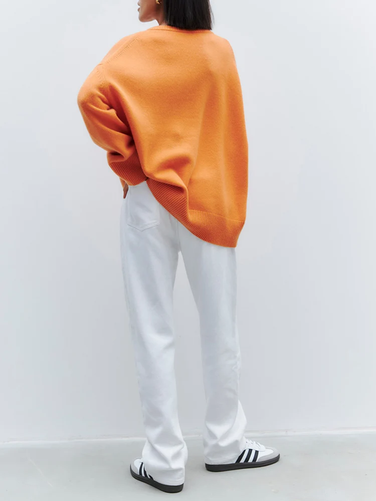 Новый Оранжевый женский джемпер 2023, осенние базовые свитера оверсайз с V-образным вырезом, Мягкий теплый вязаный свитер, толстые зимние пуловеры для женщин 3