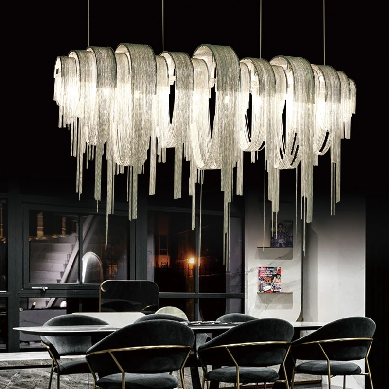 Люстра с кисточкой на алюминиевой цепочке, постмодернистский кухонный остров, обеденный стол, подвесная лампа Простого дизайна, Возобновляемый подвесной светильник 2