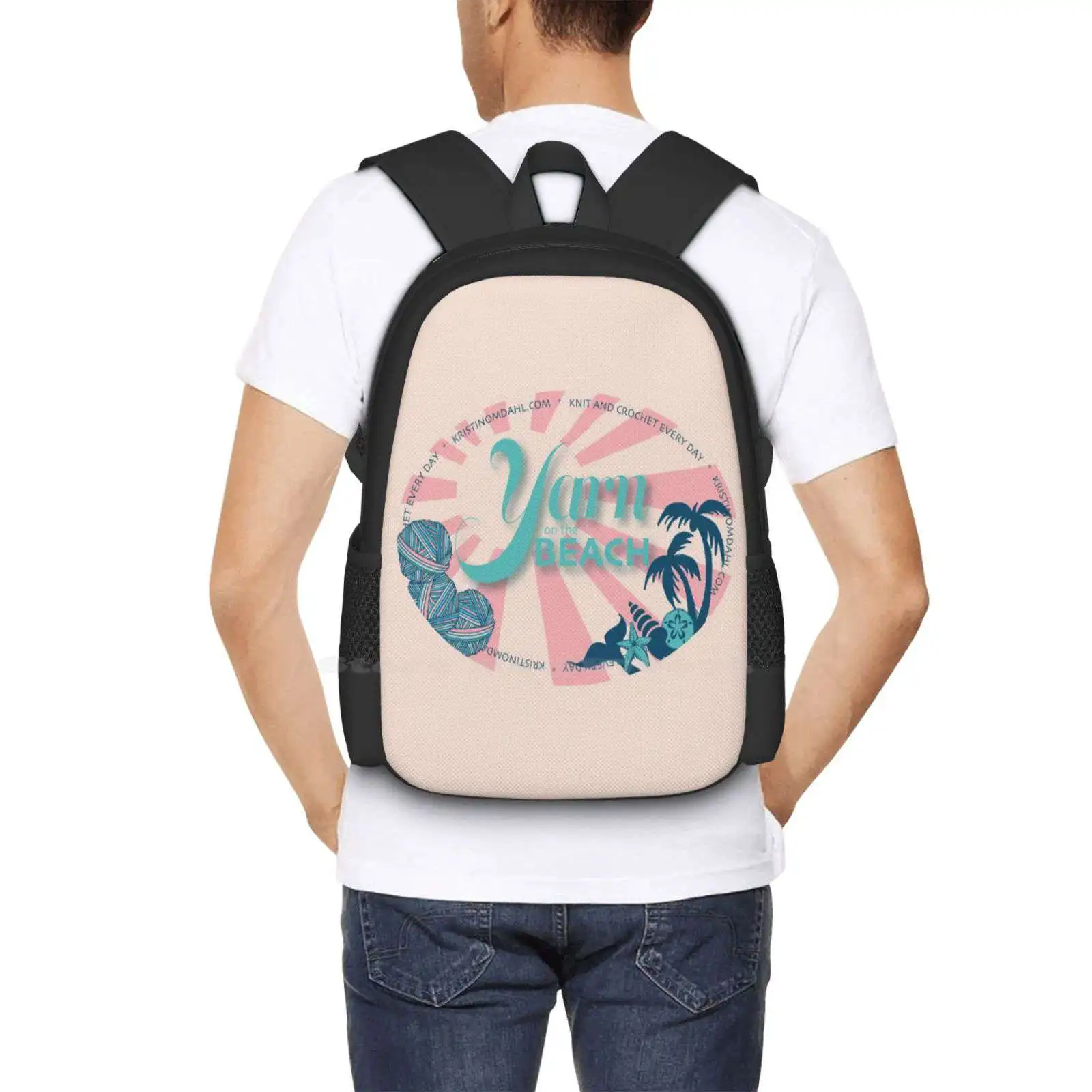 Пряжа на пляже 3D принт Дизайн Рюкзак Студенческая сумка Вязание крючком Шарики из пряжи Кристин Омдал 5