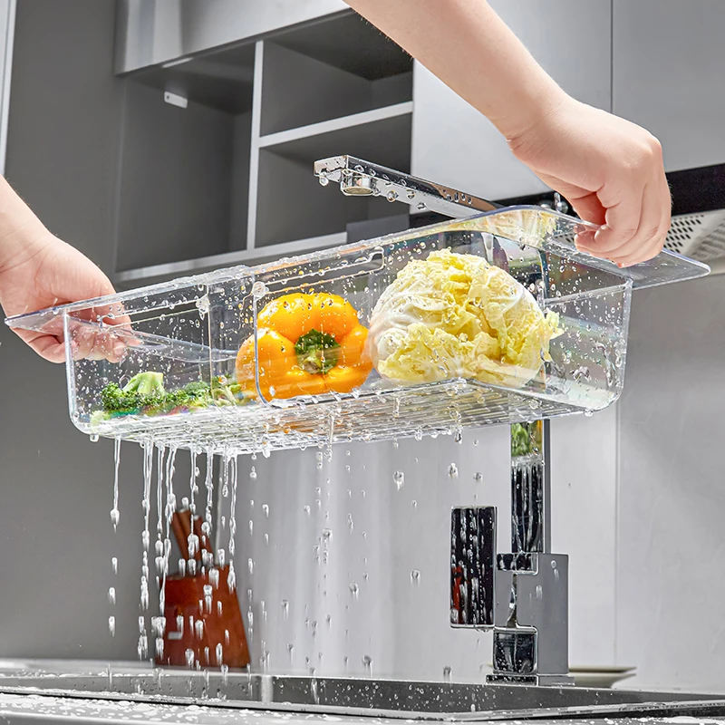 Выдвижная корзина для кухонной раковины для мытья овощей и фруктов, сито для слива пищевых продуктов, пластиковая складная корзина для хранения. 2