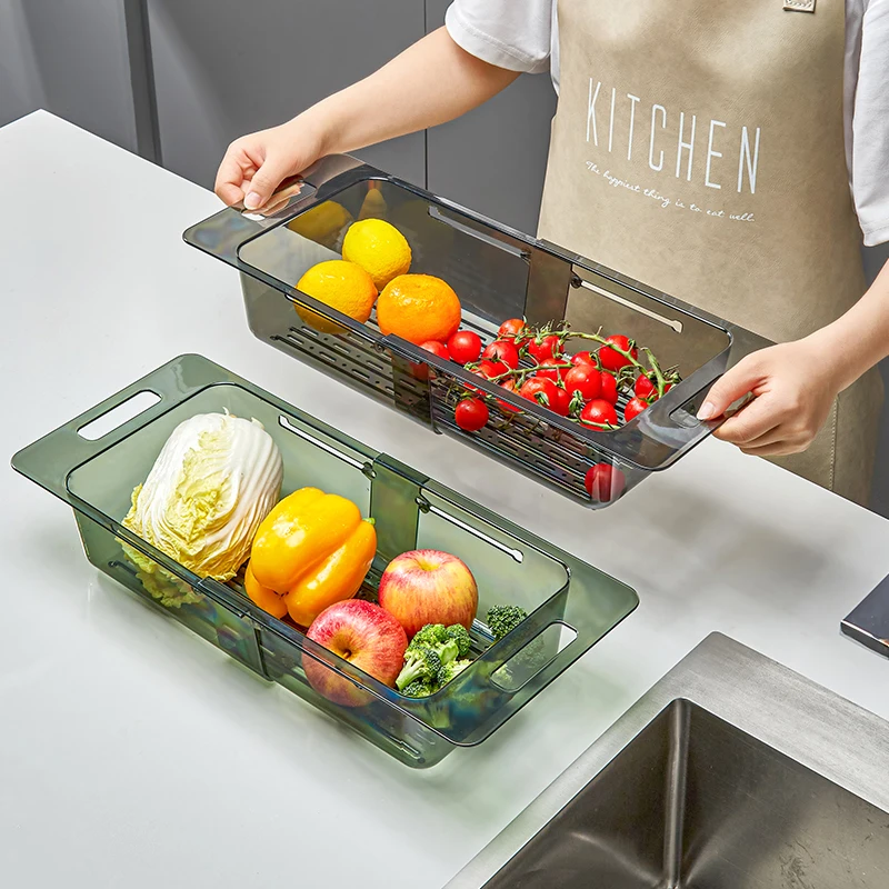 Выдвижная корзина для кухонной раковины для мытья овощей и фруктов, сито для слива пищевых продуктов, пластиковая складная корзина для хранения. 3