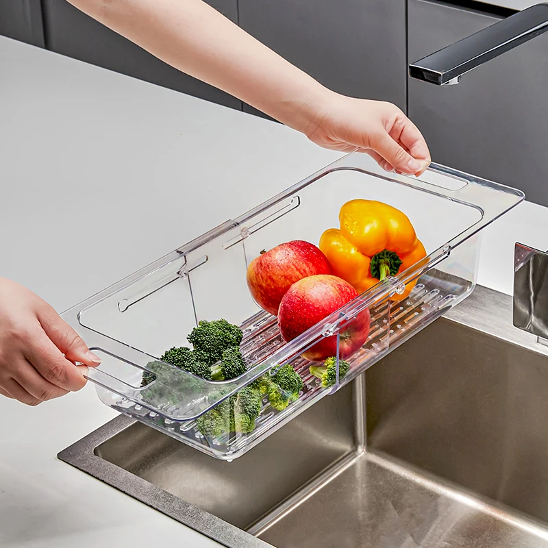 Выдвижная корзина для кухонной раковины для мытья овощей и фруктов, сито для слива пищевых продуктов, пластиковая складная корзина для хранения. 4