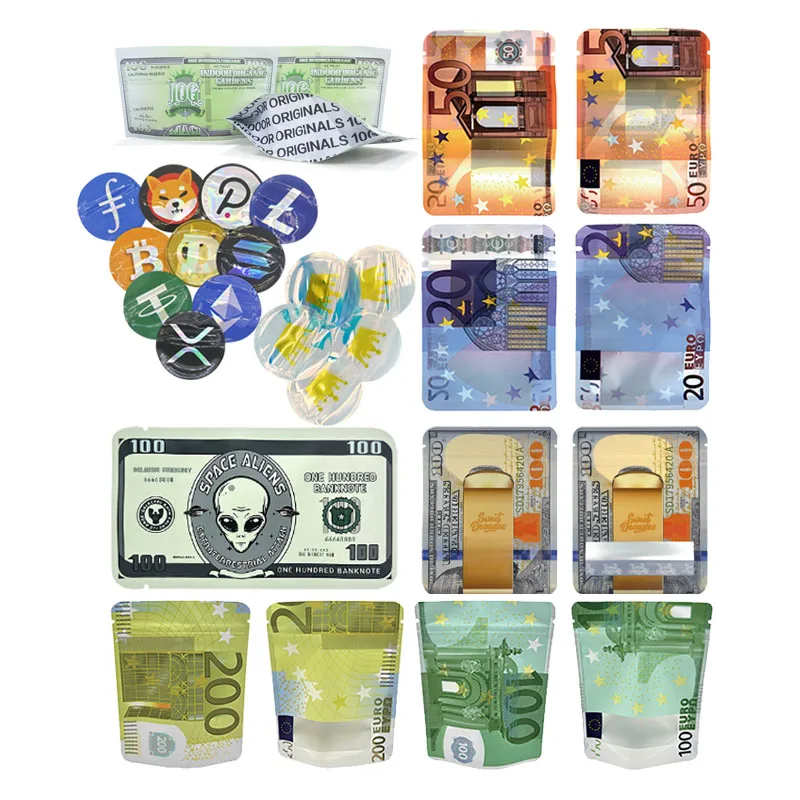100 Упаковочный Пластиковый Пакет Деньги Евро Банкноты Доллары Дизайн Алюминиевой Фольги Закрывающийся На Молнию Для Хранения Продуктов Питания Закуски 3,5 г Конфеты Мармеладные Пакеты 0