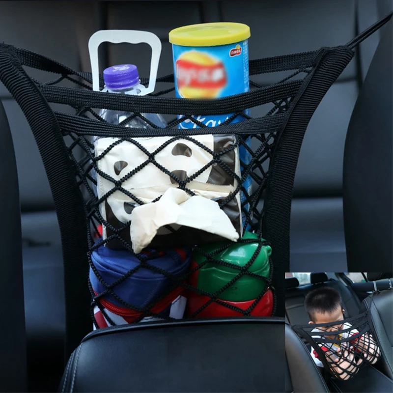Сумка-сетка для хранения автомобиля, Разделитель сидений, барьер для домашних животных, Растягивающаяся эластичная сетчатая сумка, Карманный органайзер для закусок, Автоаксессуары 1