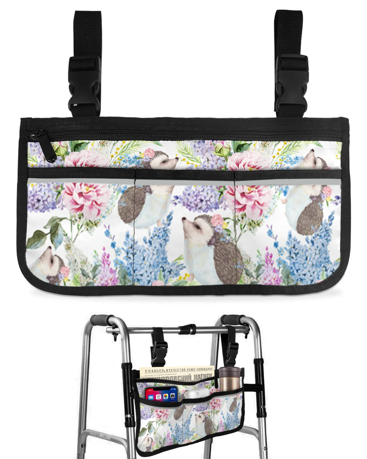 Подлокотник для инвалидной коляски с цветочным ежиком, боковое хранилище, несколько карманов со светоотражающими полосками, подвесная сумка для хранения детской тележки 0