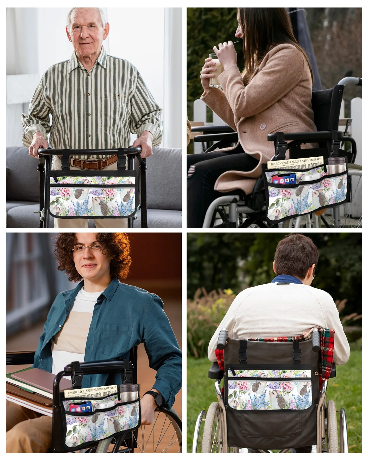 Подлокотник для инвалидной коляски с цветочным ежиком, боковое хранилище, несколько карманов со светоотражающими полосками, подвесная сумка для хранения детской тележки 4