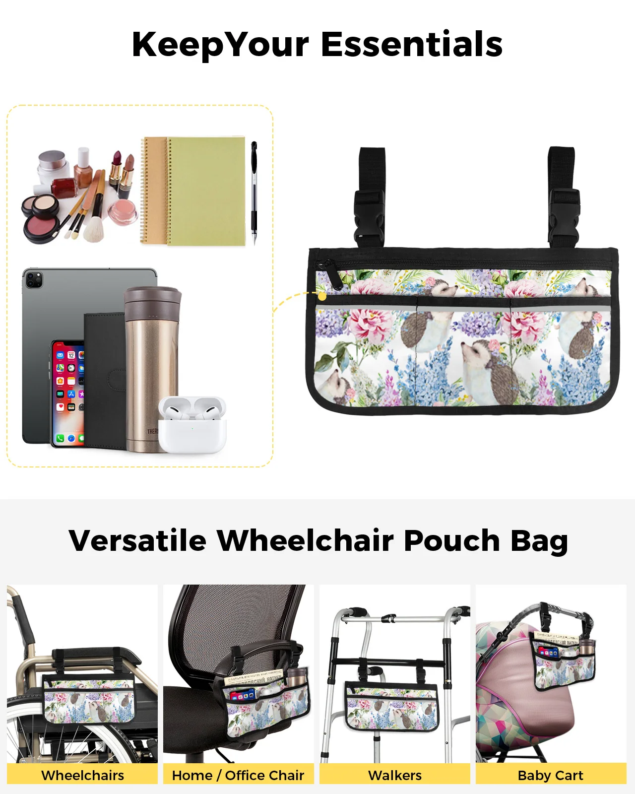 Подлокотник для инвалидной коляски с цветочным ежиком, боковое хранилище, несколько карманов со светоотражающими полосками, подвесная сумка для хранения детской тележки 5